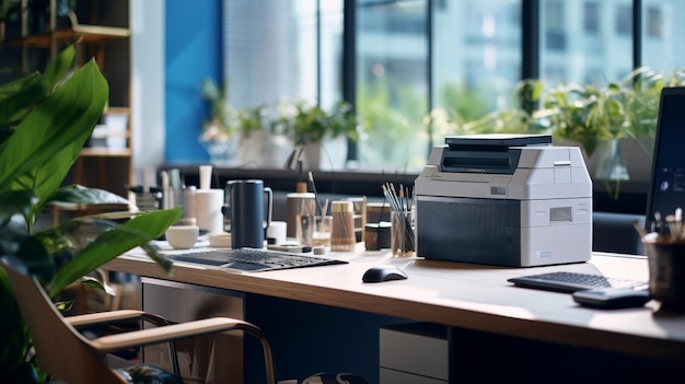 Impressora na mesa ao lado da planta em vaso