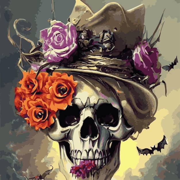 Imprima o crânio com flores rosas e abóboras para ilustração vetorial de Halloween para o feriado de halloween de outono em