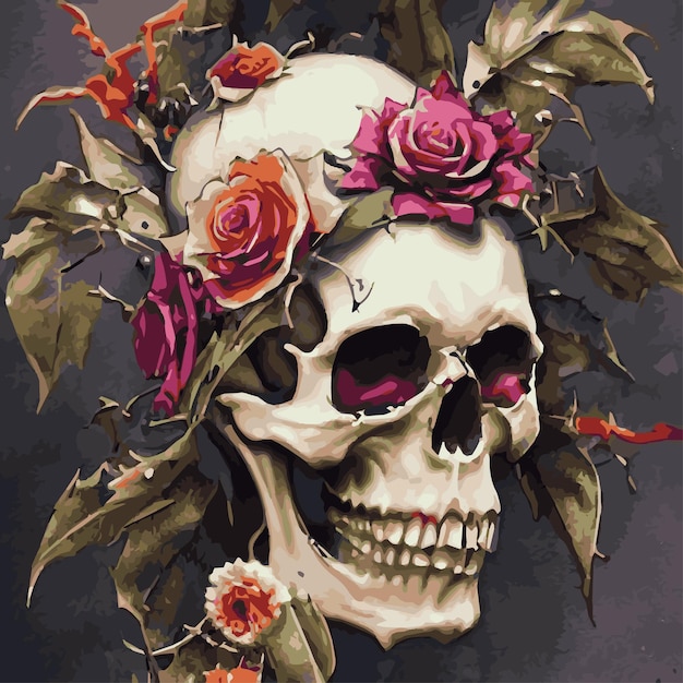 Imprimir Cráneo humano flores tropicales exóticas Día de los muertos cráneos y flores vintage vector ilustración Tipográfico