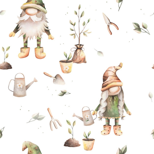 Imprimir con gnomos de jardín y plantones Un patrón con gnomos y plantas Dibujo de retoños y árboles