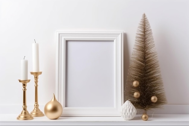 Imprimir maquete na prateleira no interior da sala de estar em estilo loft em design de cores neutras com decoração de árvore de Natal AI Conteúdo generativo