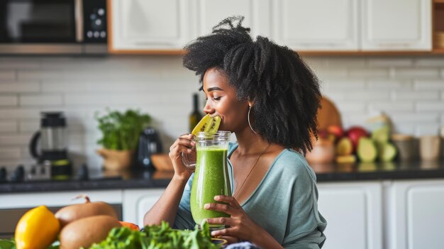 Impulsando un estilo de vida saludable Explorando batidos BlenderMade con una mujer negra consciente de su estado físico i