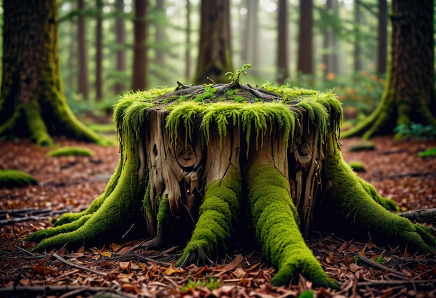 Foto in dem verzauberten wald beobachtet man die widerstandsfähigkeit der natur durch einen mit moos geschmückten baumstumpf