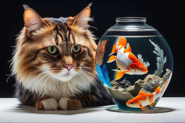 Foto in dem zimmer am fensterbrett beobachtet eine dreifarbige katze einen goldfisch in einem aquarium