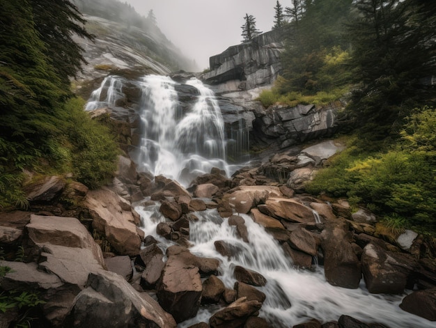 In den Bergen ist ein Wasserfall dargestellt.