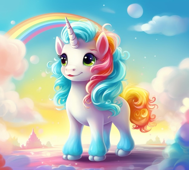 In den Wolken steht ein Cartoon-Einhorn mit einer generativen Regenbogen-KI