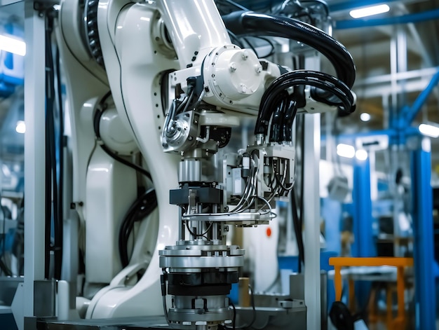 In der Automobilfabrik ein Roboterarm mit Frässpindelaufsatz