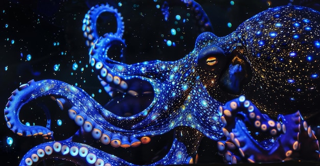 In der Dunkelheit der Tiefen des Ozeans streckt ein hungriger Oktopus seine Tentakeln in Richtung eines funkelnden