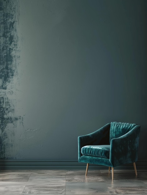In der Ecke eines schwach beleuchteten Raumes strahlt ein blaufarbener Samtstuhl ein Gefühl von launischer Eleganz aus. Seine reiche Farbe und weiche Polsterung erregt die Aufmerksamkeit gegen den gedämpften, texturvollen Hintergrund.