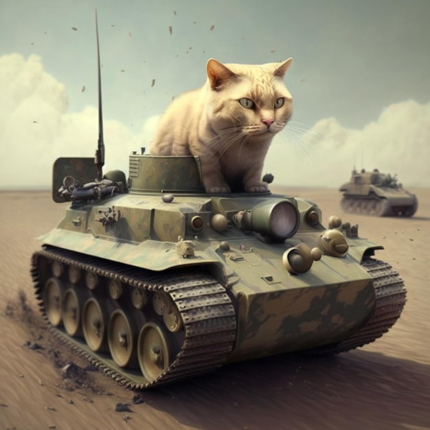 In der generativen KI der Wüste sitzt eine Katze auf einem Panzer