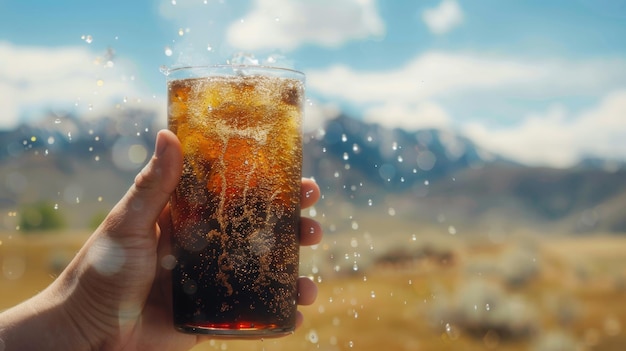 In der Hand ein Soda-Glas mit spritzenden Blasen im Freien