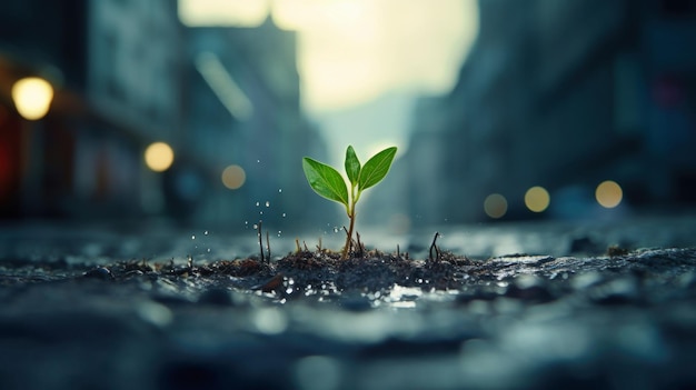 In der Innenstadt taucht ein Baum aus dem Asphalt auf, der die Ökologie und den Naturschutz symbolisiert