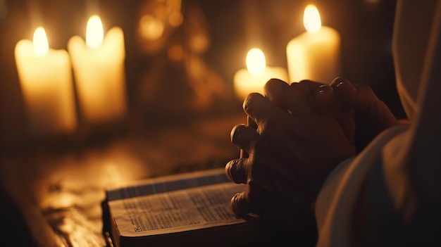 Foto in der kirche mit gefalteten händen auf einer heiligen bibel im gebet