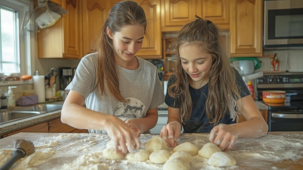 In der Küche arbeiten Mutter und Tochter zusammen, um Teig für ihre Lieblingsrezepte zu zubereiten