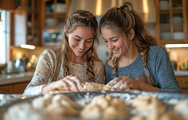 In der Küche arbeiten Mutter und Tochter zusammen, um Teig für ihre Lieblingsrezepte zu zubereiten