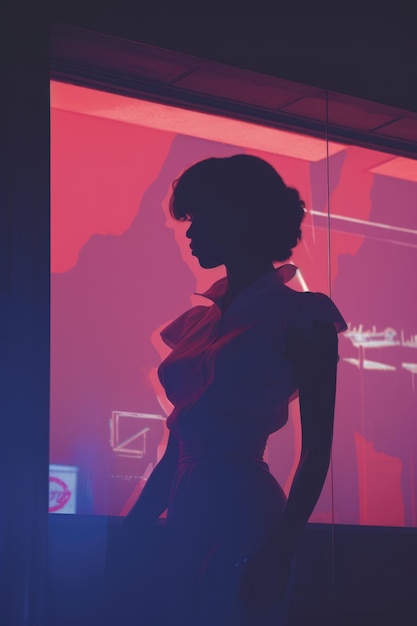 In der kühlen Umarmung einer neon beleuchteten Nacht der 80er Jahre steht eine Frau vor dem Club