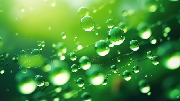 Foto in der luft schwebende, mit einem bokeh-effekt geschmückte, grüne wassertropfen.