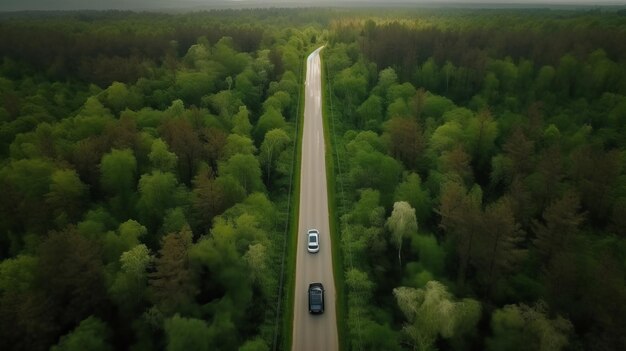 Foto in der luft sehen sie grünes waldland mit dem auto auf der asphaltstraße. kreative ressource, die von der ki generiert wurde