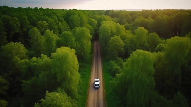 Foto in der luft sehen sie grünes waldland mit dem auto auf der asphaltstraße. kreative ressource, die von der ki generiert wurde