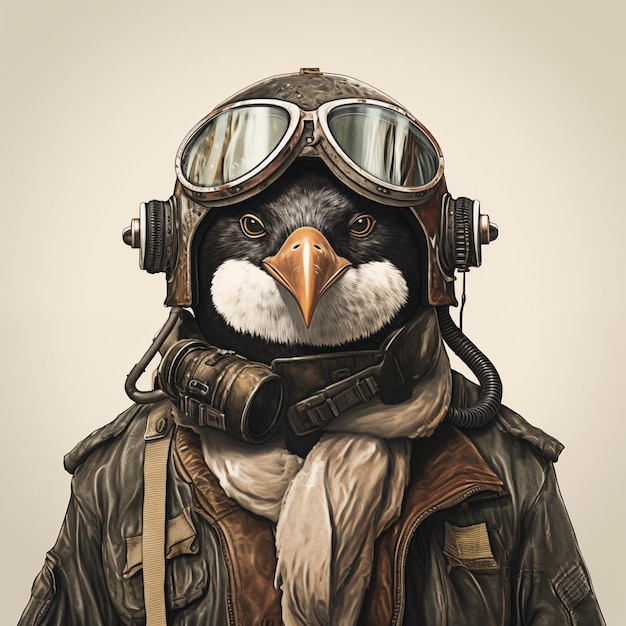 In der Luftfahrtausrüstung übernimmt ein Pinguin die Rolle eines Piloten mit Helm und Flugjacke