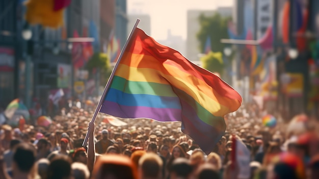 In der Menge weht eine Regenbogenfahne.