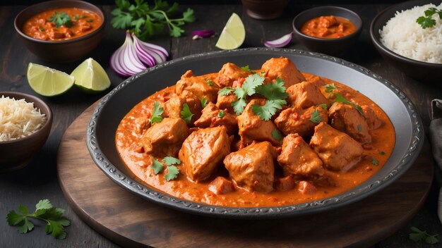 In der Mitte eines wunderschön gefertigten dunklen Holztisches eine dampfende Platte Chicken Tikka Masala