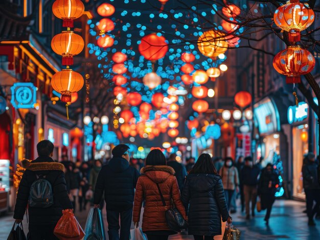 In der Nacht hängen die roten Laternen in der Stadt