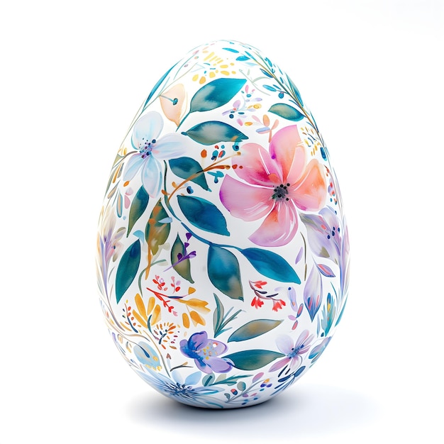 In der Nähe befindet sich ein dekoratives Ostereier, das mit Aquarell mit handgemaltem Blumenornament geschmückt ist.