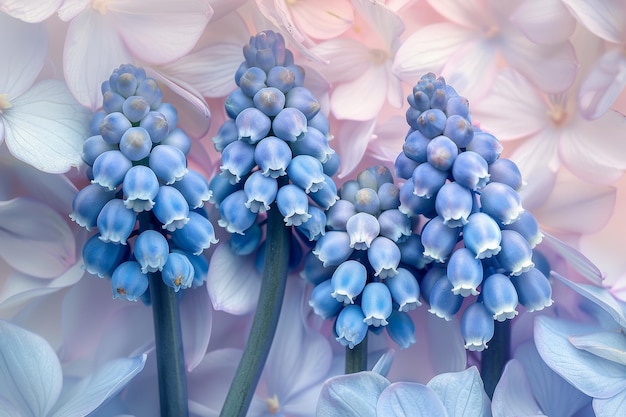 In der Nähe blüht ein Cluster von Blauen Muscari