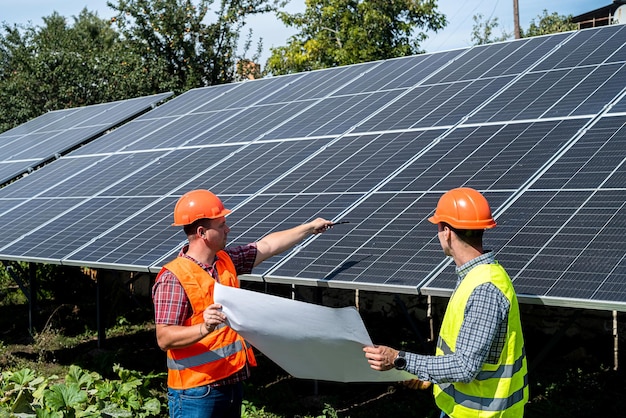 In der Nähe der neuen Sonnenkollektoren stehen zwei junge Arbeiter in Uniform mit einem Plan der durchgeführten Arbeiten Grünes Stromkonzept