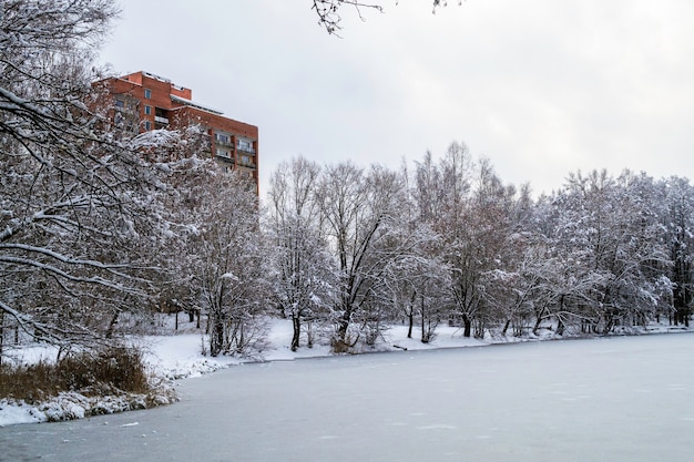 In der Nähe eines zugefrorenen Sees und schneebedeckter Bäume. Hochhaus aus rotem Backstein am Rande der Stadt.