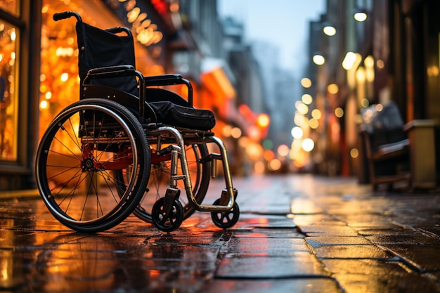 In der Nahaufnahme sind leere Gehwege für Rollstuhlfahrer zu sehen, ein Handicap-Symbol, das für die Verpflichtung zur Barrierefreiheit steht