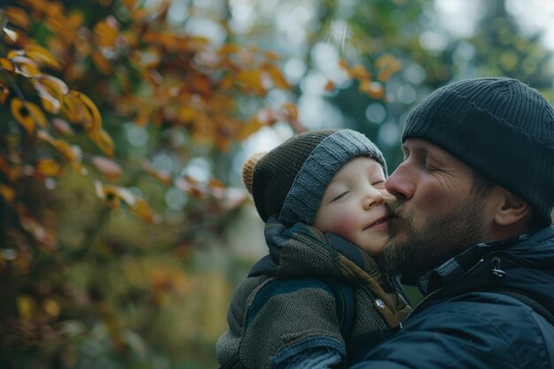 In der Natur küsst ein Vater sein Kind und das Kind umarmt den Vater im Park und genießt die Natur. Sie lächeln und lachen, während sie sich gemeinsam an der Qualität der Zeit erfreuen.