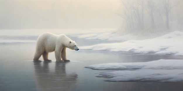 In der riesigen Weite der arktischen Tundra durchquert ein einsamer Eisbär reinweiß das eisige Gelände