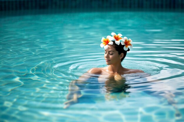 In der ruhigen Atmosphäre eines Luxushotels gönnt sich eine anmutige Thailänderin ein erfrischendes Bad im glitzernden Pool, den Ai erzeugt hat