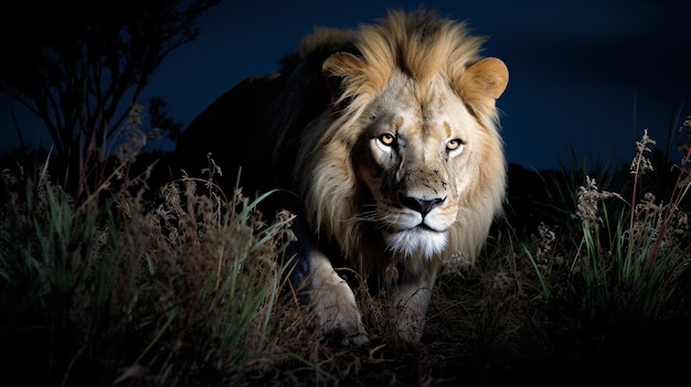 In der Stille der Nacht taucht ein mächtiger Löwe aus den Schatten auf. Sein goldenes Fell glänzt unter dem weichen Licht des Mondes. Er bewegt sich schweigend durch das hohe Gras.