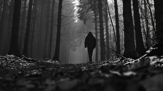 In der Stille des Waldes geht eine Person von der Kamera weg, eine bloße Silhouette gegen