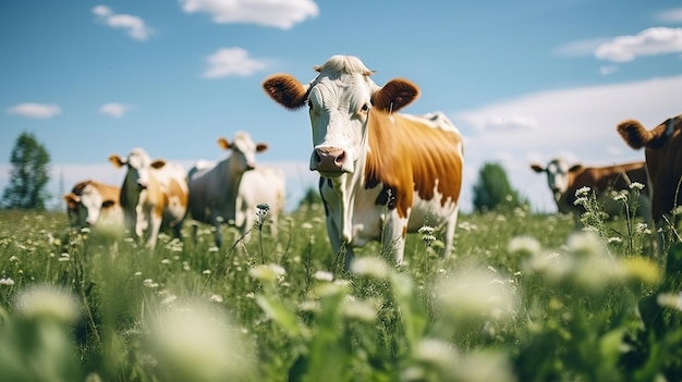 In der Umarmung des Frühlings genießt eine Kuhherde die grüne Wiese und den hellblauen Himmel