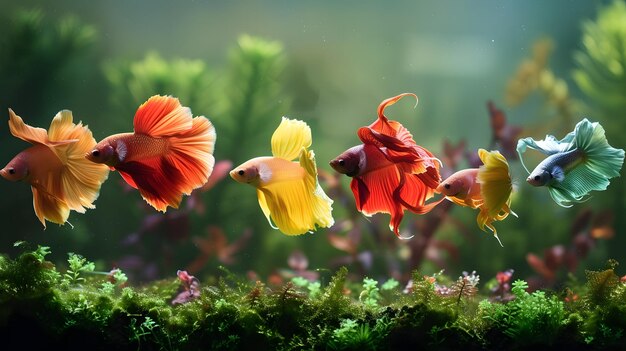 Foto in der unberührten umgebung des aquariums schafft ein pflegender betta-fisch einen faszinierenden anblick