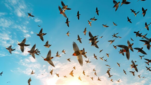 In der Weite des azurblauen Himmels erhebt sich ein lebhafter Vogelschwarm, dessen Flügel mühelos durch die Luft gleiten. Generiert von KI