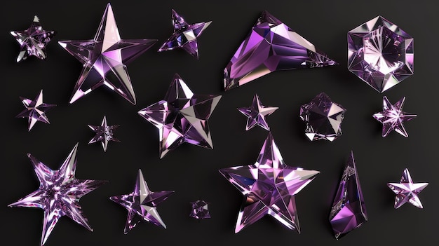 In diesem 3D-Rendering sind verschiedene lila Kristallsterne auf einem schwarzen Hintergrund isoliert. Dieses einfache geometrische Clip-Art-Set basiert auf facettierten Glasformen.