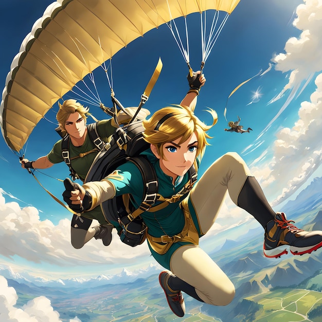 In diesem atemberaubenden Kunstwerk wird Link aus Breath of the Wild als Fallschirmspringer in einer Paraglider-Kleidung dargestellt