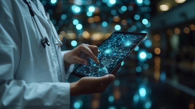 In diesem Clip sehen wir eine Medizin-Frau Arzt berühren eine digitale medizinische Aufzeichnung Tablette mit DNA Holographic AR der Gesundheitsmedizinischen Technologie und Netzwerk-Verbindung