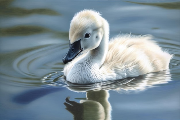 In diesem Gemälde Generative AI ist ein jugendlicher Schwan auf einem See dargestellt