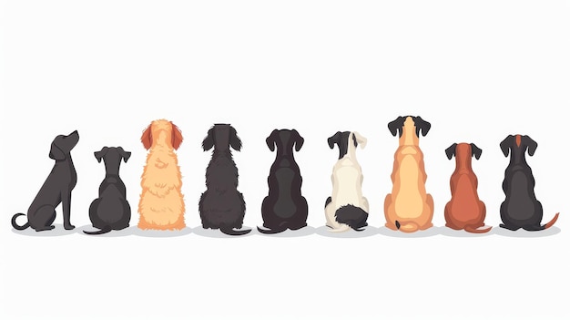 In dieser grafischen modernen Illustration mit weißem Hintergrund sind ein paar Hunde in einer Reihe verschiedene Hunderassen Bilder von Hunden vorne und hinten