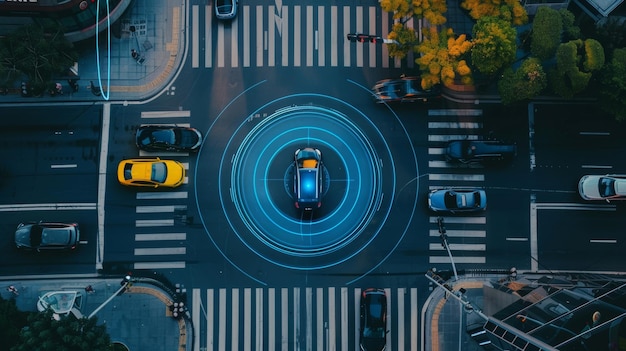 In dieser Luftaufnahme führt ein selbstfahrendes autonomes Auto andere Fahrzeuge durch die Stadt. Dieses Konzept ist ein Beispiel für eine Scanning-Visualisierung, die künstliche Intelligenz verwendet, um