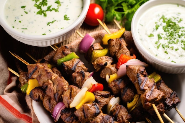 In eine Schüssel mit Joghurtmarinade getauchte Kebabs