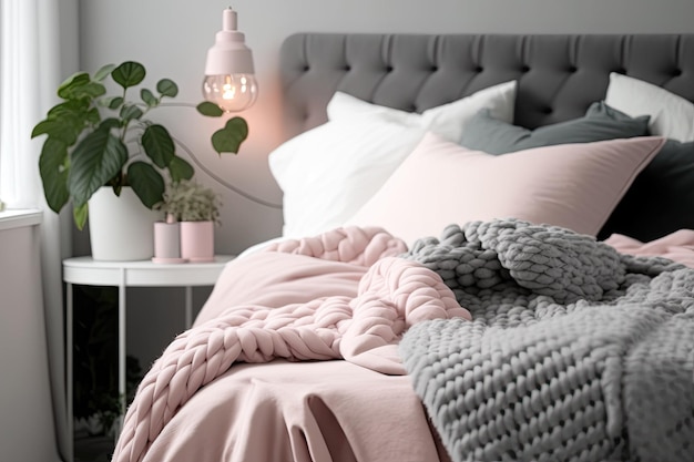 In einem angenehmen Schlafzimmer bedeckt eine rosa Decke ein weiß-graues Bett