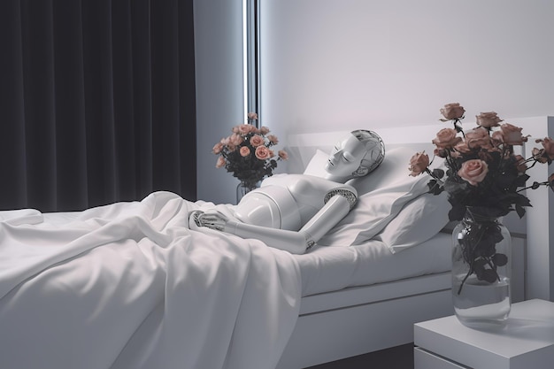 In einem Bett liegt die Statue eines Mannes mit einer Blumenvase.