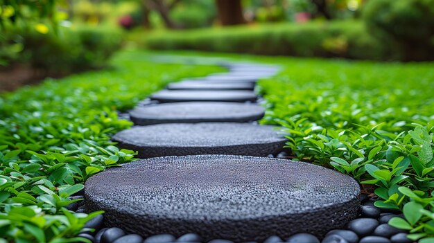 In einem botanischen Garten wächst Gras zwischen steinernen Wegen